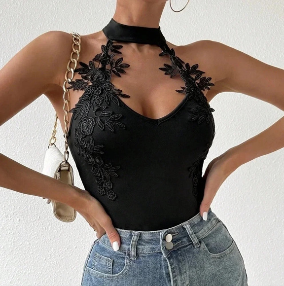 Tops - Women's Summer Sleeveless Black Lace Splice Hollow Out Halter Top For Casual